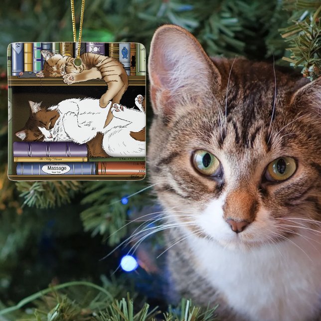  mysig illustration av sovande katter på bokhylla  julgransprydnad keramik (Skapare uppladdad)