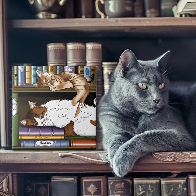 mysig illustration av sovande katter på en bokhyll kakelplatta (Skapare uppladdad)