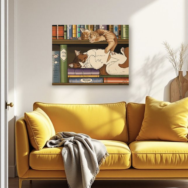 mysig illustration av sovande katter på en bokhyll poster (Skapare uppladdad)