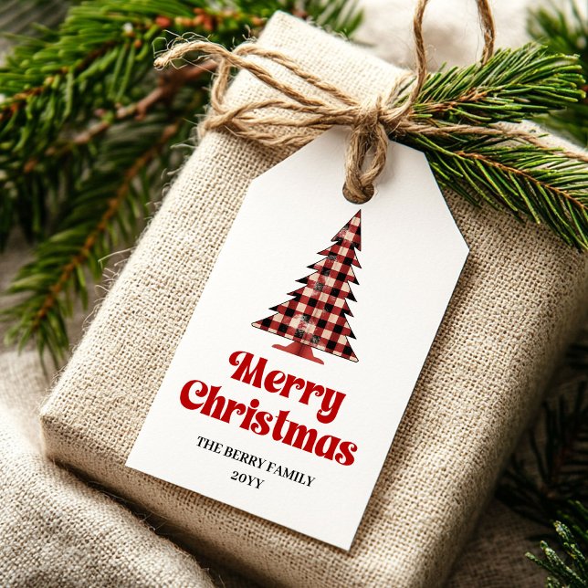  mysig julgran presentkort röd svart semester kons presentetikett (Cozy buffalo tree gift tag red black holiday art

)