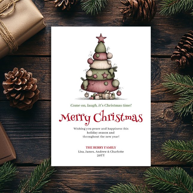  mysig julgranshandritade hälsningar julkort (Cozy Funny Christmas Tree Hand Drawn Greeting Holiday Card)