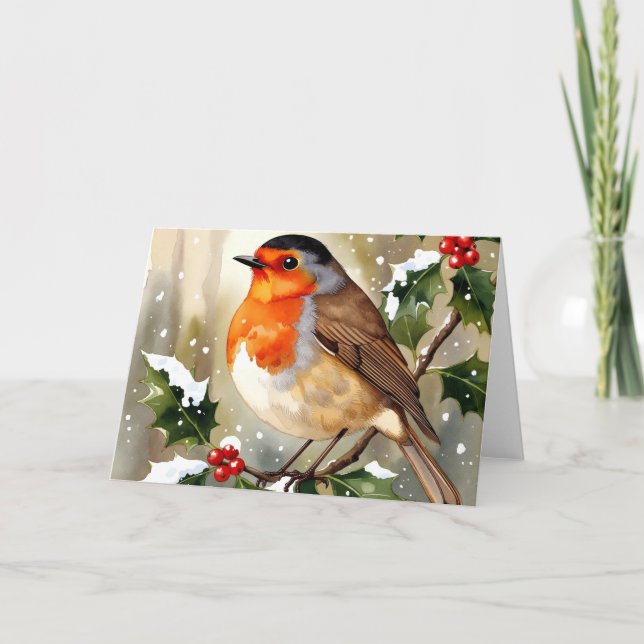  mysig julillustration av rödhake i akvarell kort (Framsida)