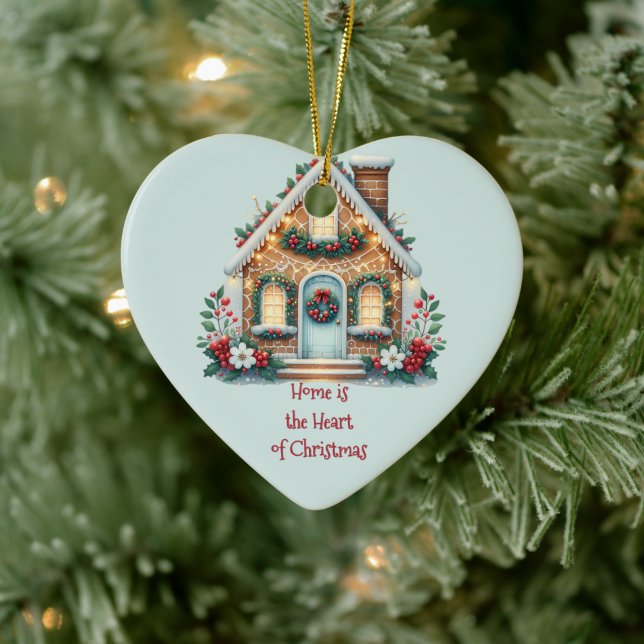 mysig julillustration med pepparkakshus julgransprydnad keramik (Träd)