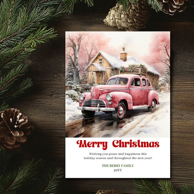  mysig julscen rosa bil akvarell julkort (Cozy rustic Christmas scene pink car watercolor Holiday Card )