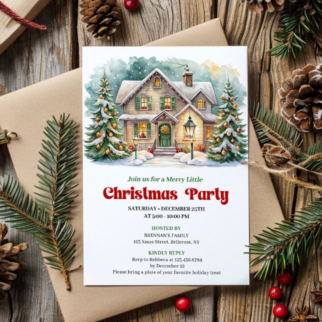 mysig julscen vattenfärg jul inbjudan (Cozy Christmas Scene Watercolor Holiday Invite)