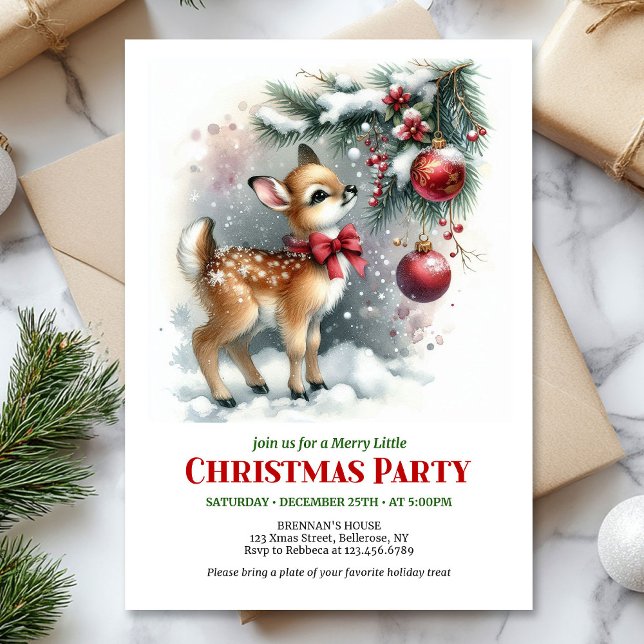  mysig julskogs inbjudan för bebis hjort  (Minimalist baby deer snowy forest watercolor scene Christmas invitation

)