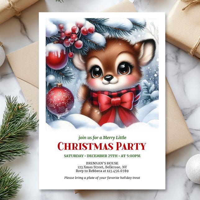  mysig julskogs-inbjudan med hjortkalv  inbjudningar (Cozy snowy forest baby deer Christmas invitation printable card)