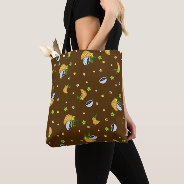  mysig kaffe & croissant blomster mönster | Mörkbr Tygkasse (Närbild)