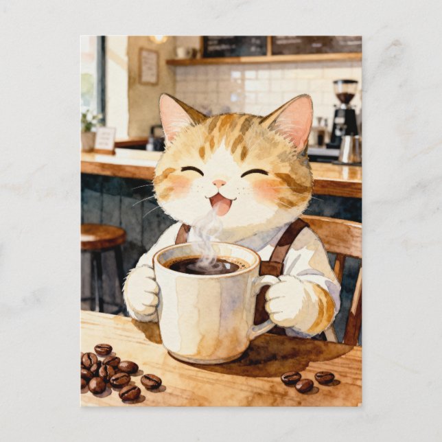  mysig katt barista i akvarellkonst vykort (Framsida)