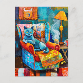  mysig katt i fåtölj vykort