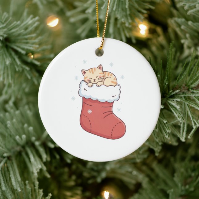  Mysig katt i julstrumpa - sovande kattunge  Julgransprydnad Keramik (Träd)