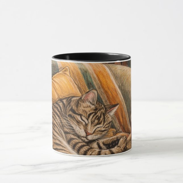 mysig katt och kaffevinylscen, sovande tabbykatt mugg (Center)