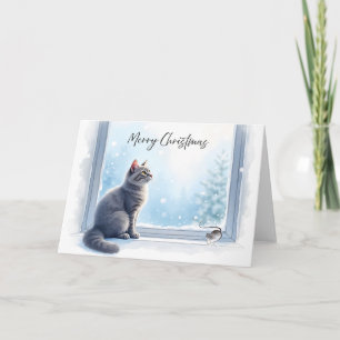  mysig katt och mus vid fönstret jul akvarell kort