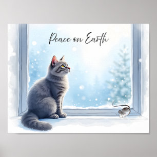 mysig katt och mus vid fönstret Vinter Akvarell K Poster