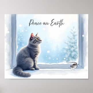 mysig katt och mus vid fönstret Vinter Akvarell K Poster