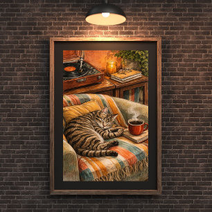 mysig katt och vinylscen med kaffe, sovande tabbyk poster