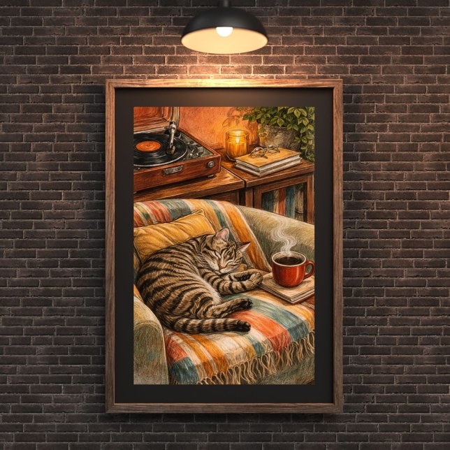 mysig katt och vinylscen med kaffe, sovande tabbyk poster (Skapare uppladdad)