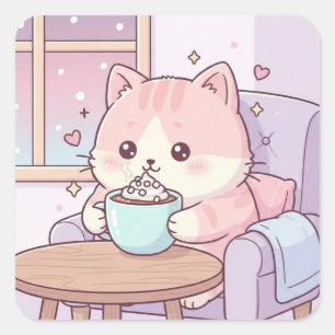 mysig kattdekal – söt kawaii pastell fyrkantigt klistermärke