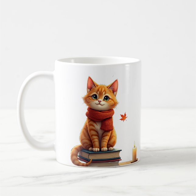 mysig kattläsniche höst akvarellillustration kaffemugg (Vänster)