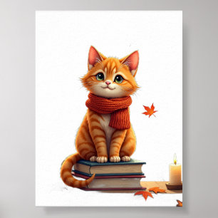 mysig kattläsniche höst akvarellillustration poster