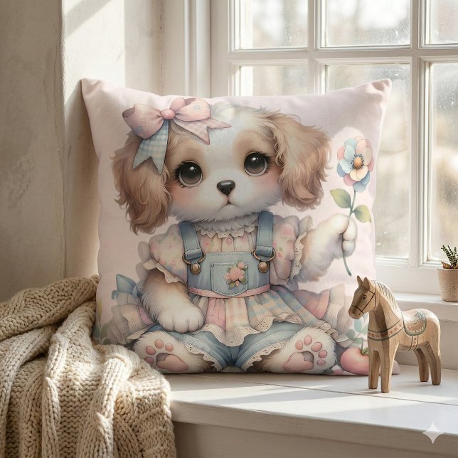 mysig Kawaii Stugcore Lantgårdskärna Valpstil Kudde (Cozy Kawaii Cottagecore Farmcore Puppy Style Throw Pillow Mockup A)