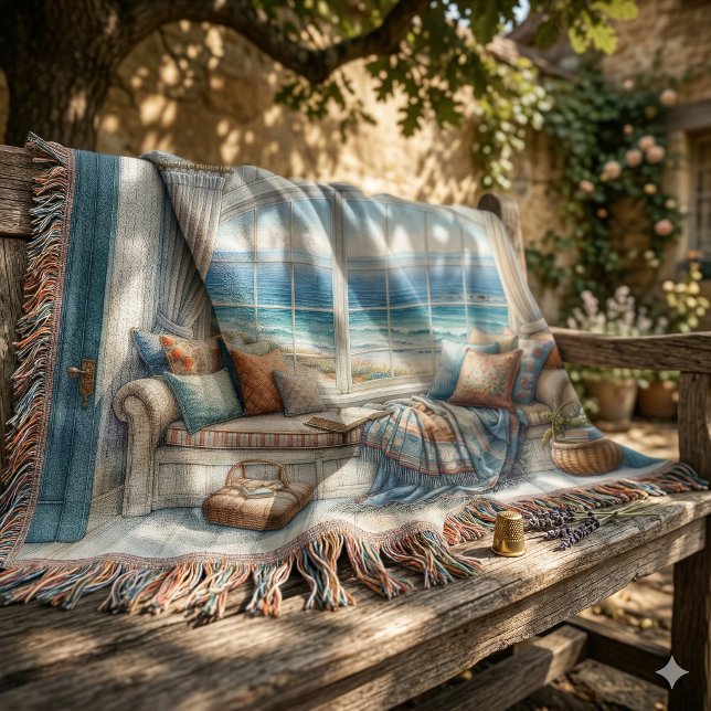 mysig kustnära fönsterplats cottagecore filt (Cozy Coastal Window Seat Cottagecore Throw Blanket)