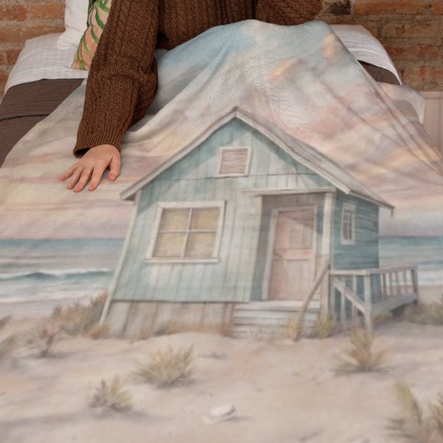  mysig kuststugastrandhus i akvarell  fleecefilt (Skapare uppladdad)