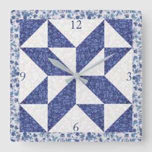 mysig landlig blå vit calico falsk quilt fyrkant fyrkantig klocka