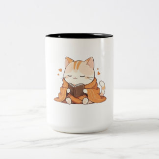 mysig läsande katt Kawaii bokälskare litet kattun Två-Tonad Mugg