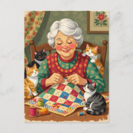 Mysig mormor-quiltare med katter Vykort