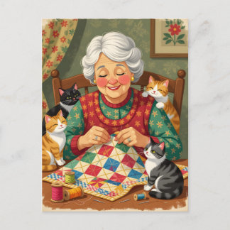 Mysig mormor-quiltare med katter Vykort