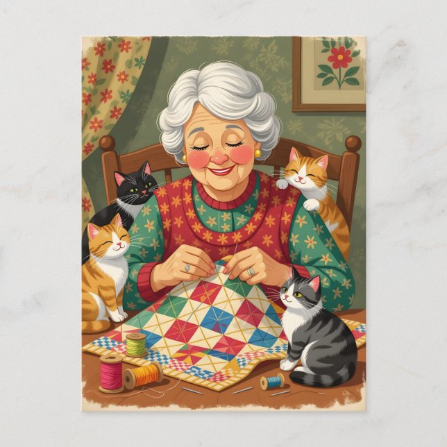  Mysig mormor-quiltare med katter Vykort (Framsida)