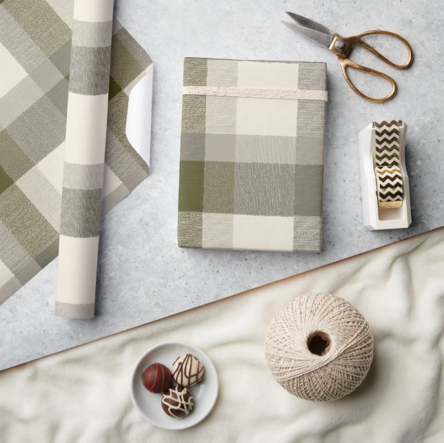  mysig oliv beige natur sand rutmönster presentpapper (Hantverk)