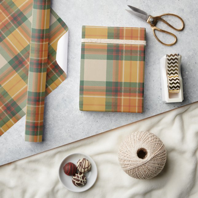  mysig orange, grön och krämfärgad tartan presentpapper (Hantverk)