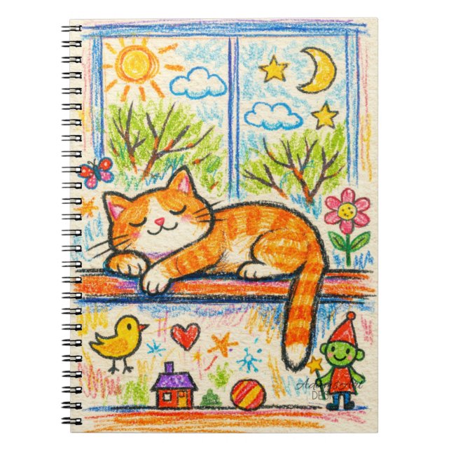  Mysig orange katt på fönsterbräda Whimsisk krita  Anteckningsbok (Framsidan)