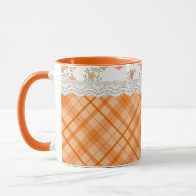  mysig orange och vit rutig stuga inredning  mugg (Vänster)