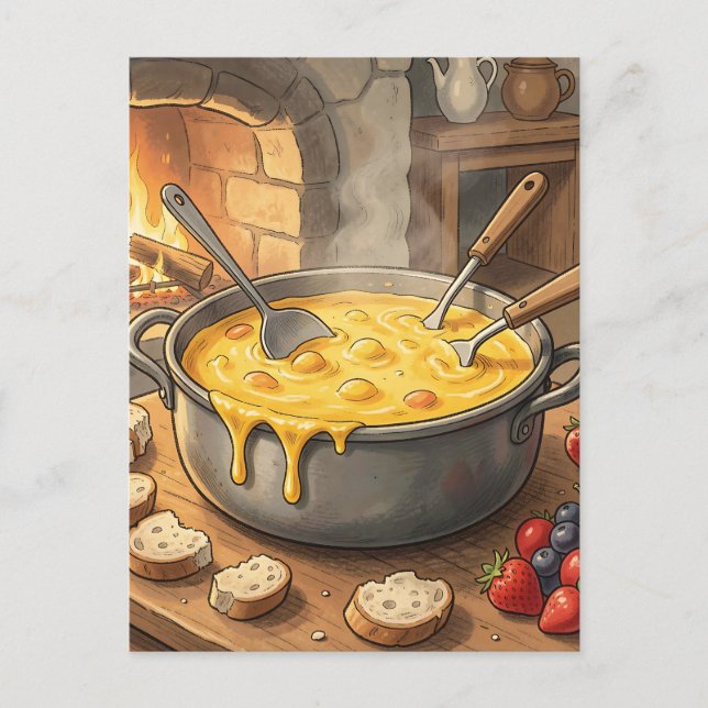  mysig ostfondue vid öppen spis vykort (Framsida)