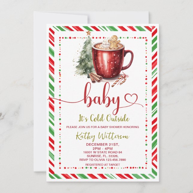  mysig randig röd julmugg för baby shower  inbjudningar (Framsida)