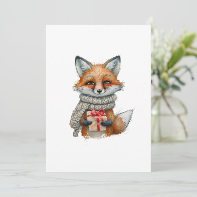 Mysig räv med halsduk och present, julillustration julkort (Stående Fram)