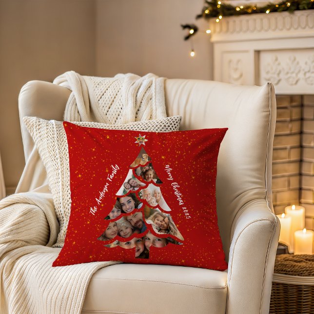  mysig röda dubbelsidiga julgran fotokollage kudde (Unique customizable 9 Photo Christmas tree collage and text, double sided rich red with gold stars)
