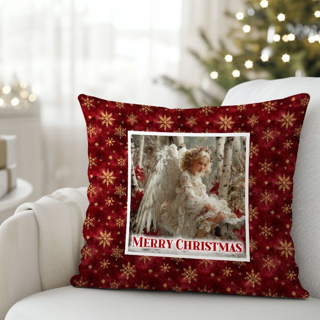  mysig rödfylld julkudde i guld som present kudde (Cozy Angelic Red Gold Christmas Pillow Gift)
