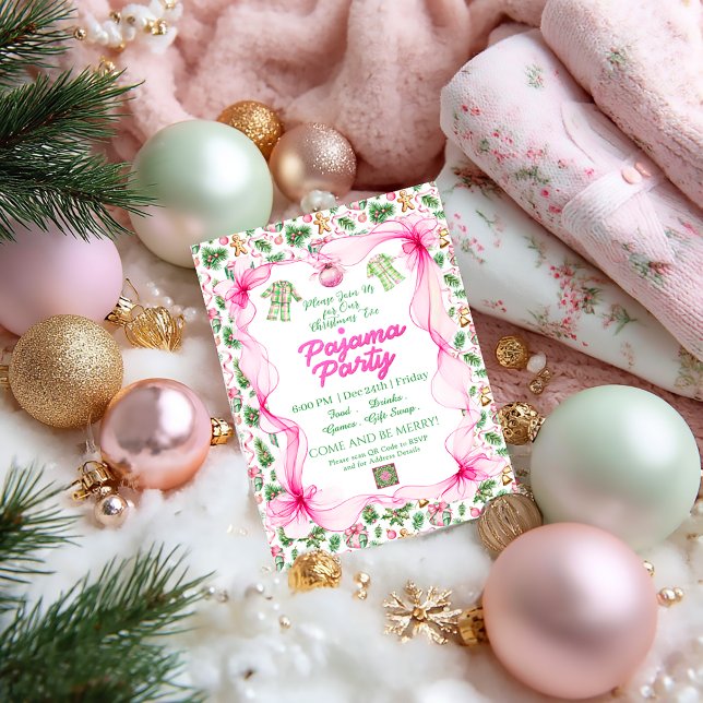  mysig rosa & grön Coquette julpyjamasfest  Inbjudningar (Pink and Green Holiday Pajama Party QR Code Invitation )