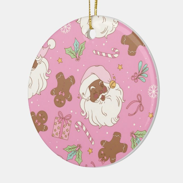  mysig rosa pastell svart tomte & båge jul julgransprydnad keramik (Vänster)