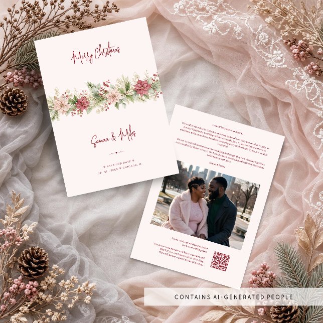  mysig Rosa Poinsettia Vinterbröllop TLW26 Spara Datumet (Elegant Blush Pink Poinsettia and Winter Pine Wedding Save The Date Card.)