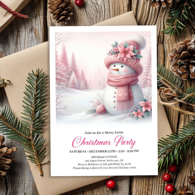  mysig Rosa Snöman Barn Redigerbar Digital Jul  Inbjudningar (Cozy Pink Snowman Kids Editable Digital Christmas Invitation

)
