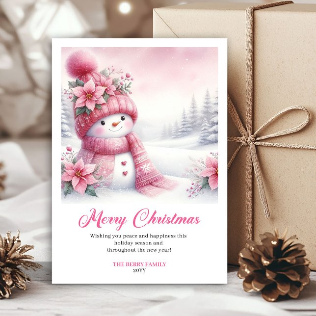  mysig Rosa Snöman Utskrivbara Julscen Kort (Cozy Pink Snowman Printable Christmas Scene Greeting Card

)