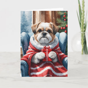 Mysig Shih Tzu med present Vinter Akvarell Konst Kort