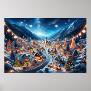 mysig snöig julby vid natt poster