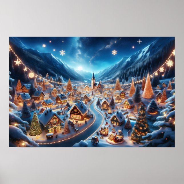  mysig snöig julby vid natt  poster (Framsidan)