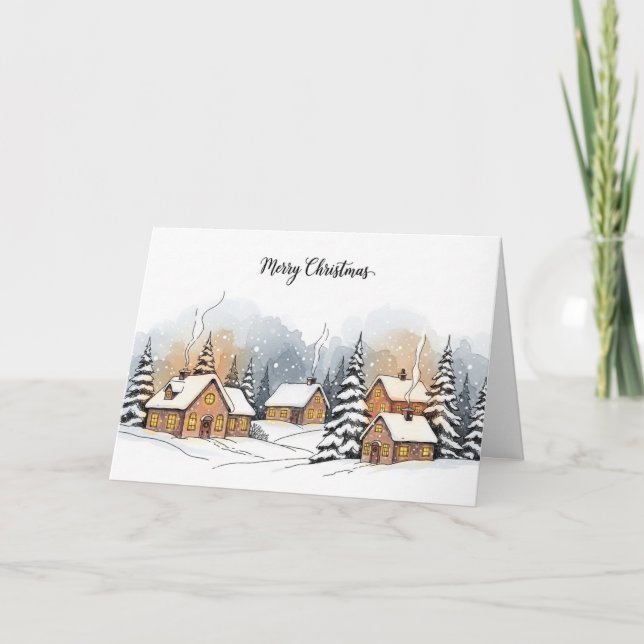  mysig snöig julby vinter scen helgkort (Framsida)